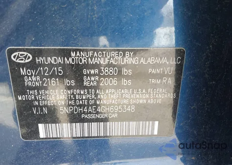 2016 Hyundai Elantra Se z USA, uszkodzony, nr VIN 5NPDH4AE4GH695348